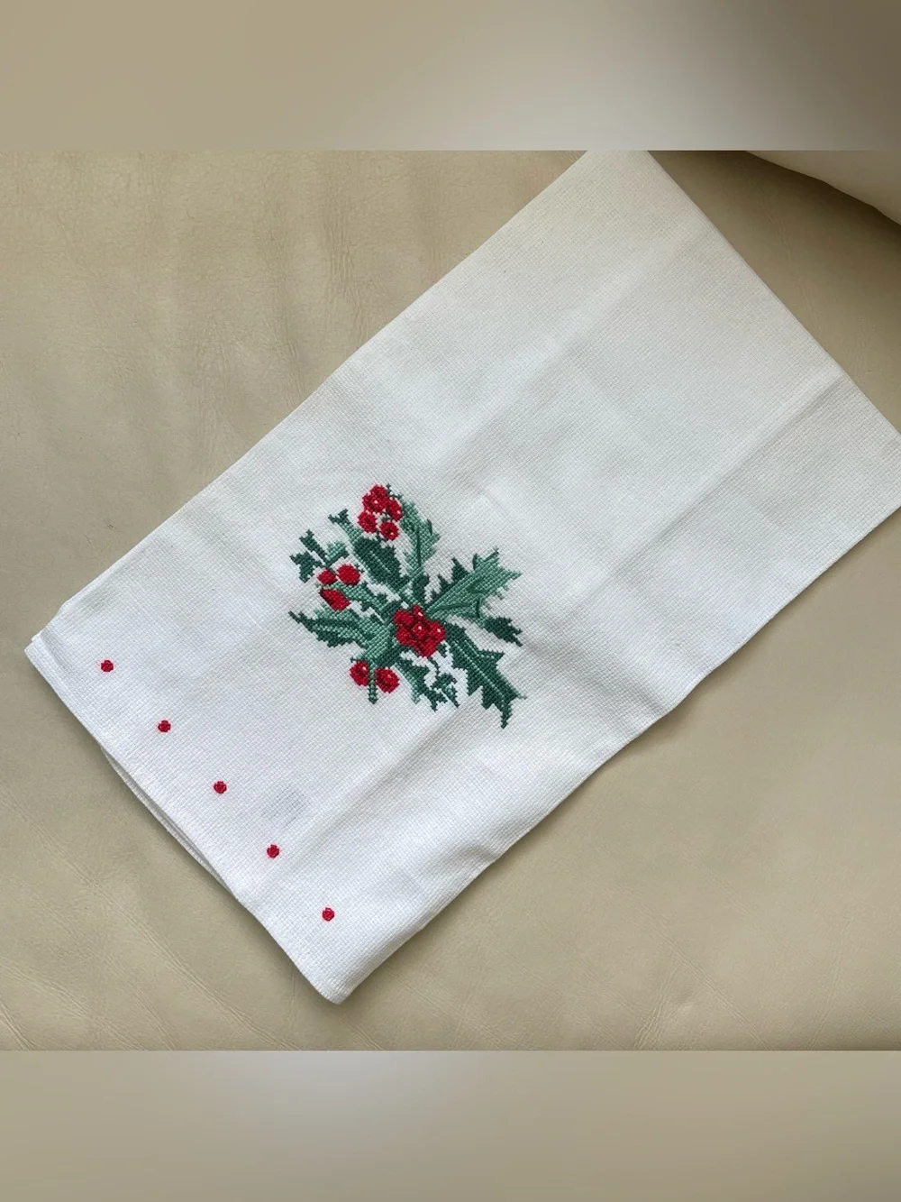 Christmas Embroidery - Decorative Tea Towel - Holly - Tea Towel - Crossstitch